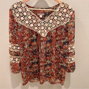 Floral Crochet Lace Accents Women's Blouse Top Size L